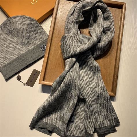 lv beanie light grey|Lv beanie and scarf grey.